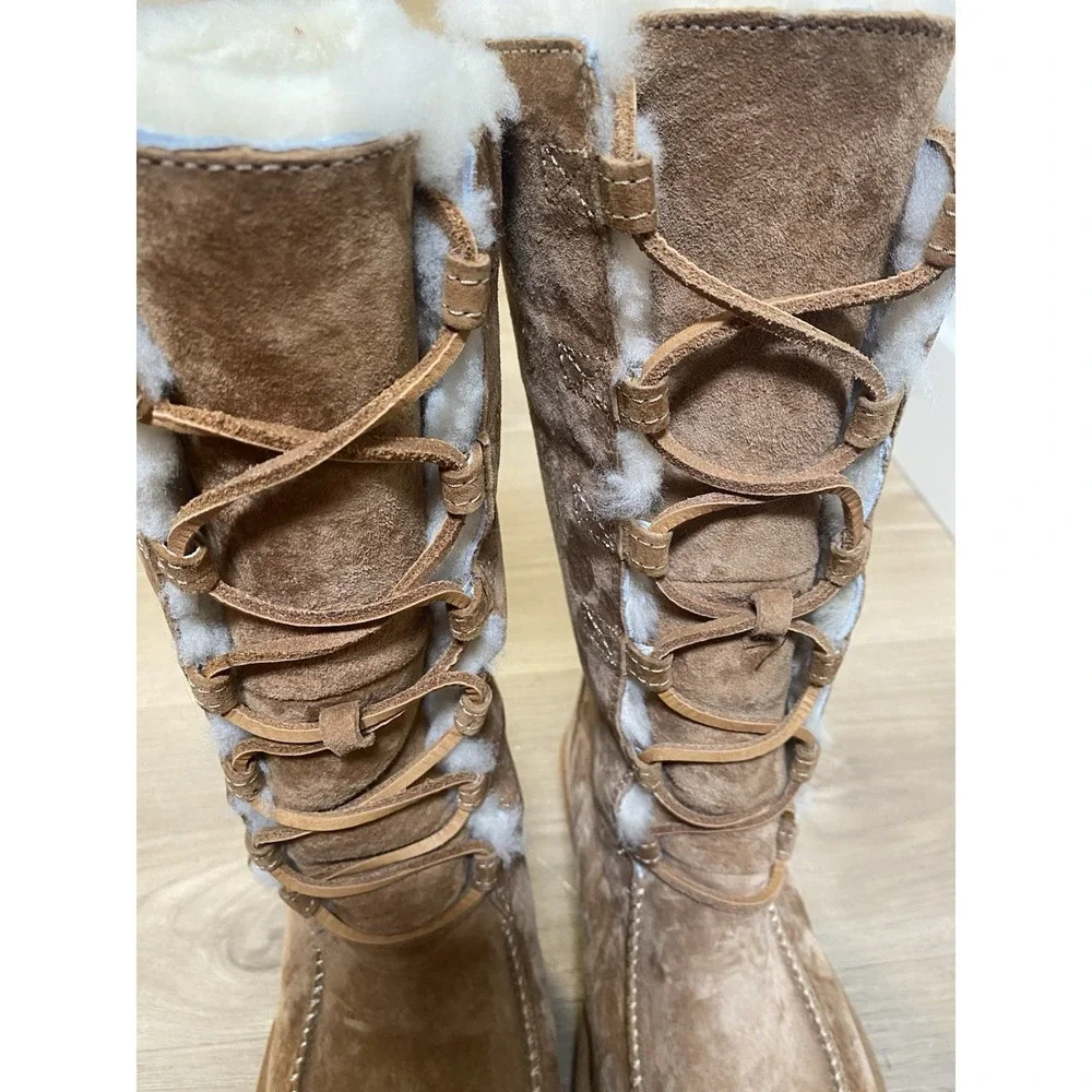 UGG Appalachin Suede Shearling Lace Up Knee High Boots Brown Women's US 7